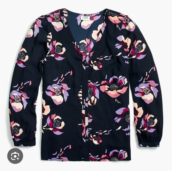 J Crew Factory Long Sleeve V Neck Top with Trim Detailing Floral Blouse - Picture 1 of 7